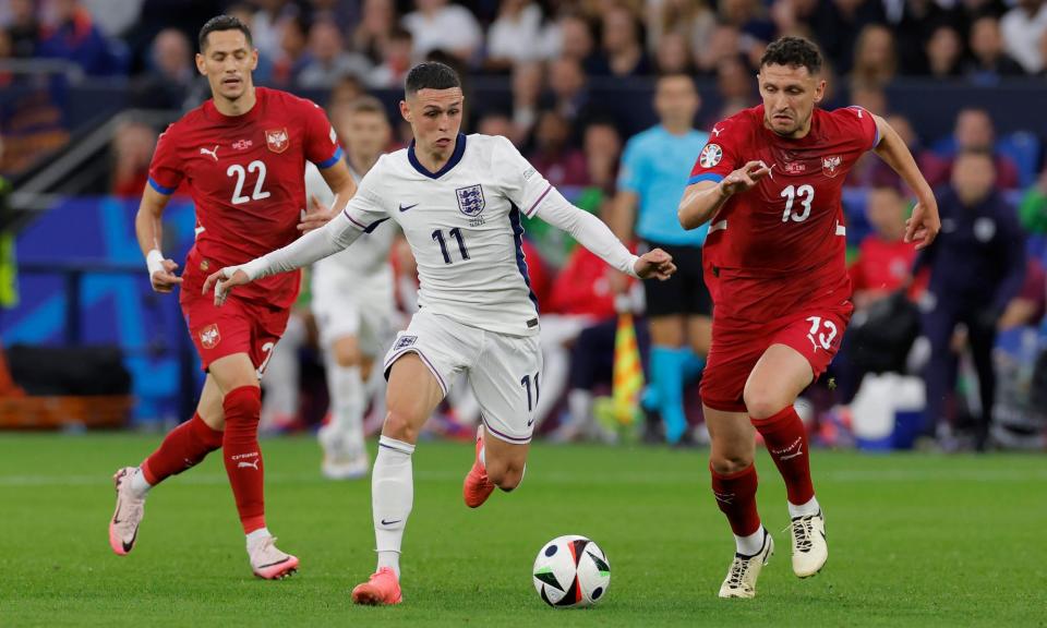 <span>There were times in the first half of Sunday’s win against <a class="link " href="https://sports.yahoo.com/soccer/teams/serbia/" data-i13n="sec:content-canvas;subsec:anchor_text;elm:context_link" data-ylk="slk:Serbia;sec:content-canvas;subsec:anchor_text;elm:context_link;itc:0">Serbia</a> when <a class="link " href="https://sports.yahoo.com/soccer/players/937742/" data-i13n="sec:content-canvas;subsec:anchor_text;elm:context_link" data-ylk="slk:Phil Foden;sec:content-canvas;subsec:anchor_text;elm:context_link;itc:0">Phil Foden</a> got in <a class="link " href="https://sports.yahoo.com/soccer/players/375006/" data-i13n="sec:content-canvas;subsec:anchor_text;elm:context_link" data-ylk="slk:Harry Kane;sec:content-canvas;subsec:anchor_text;elm:context_link;itc:0">Harry Kane</a>’s way, moving into the striker’s space.</span><span>Photograph: Tom Jenkins/The Guardian</span>