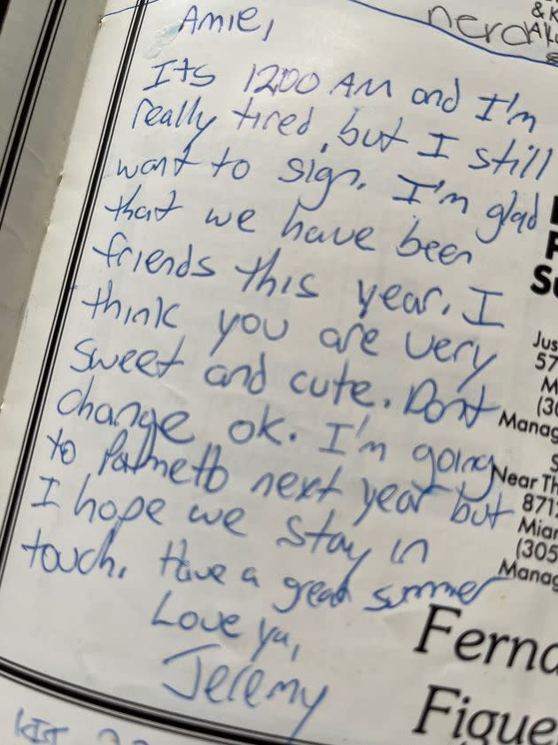 The message Jeremy wrote in the author's seventh grade yearbook. (Photo: Courtesy of Amie Parnes)