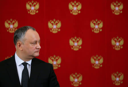 FILE PHOTO: Moldovan President Igor Dodon attends a news conference after a meeting with his Russian counterpart Vladimir Putin at the Kremlin in Moscow, Russia, January 17, 2017. REUTERS/Sergei Ilnitsky/Pool/File Photo