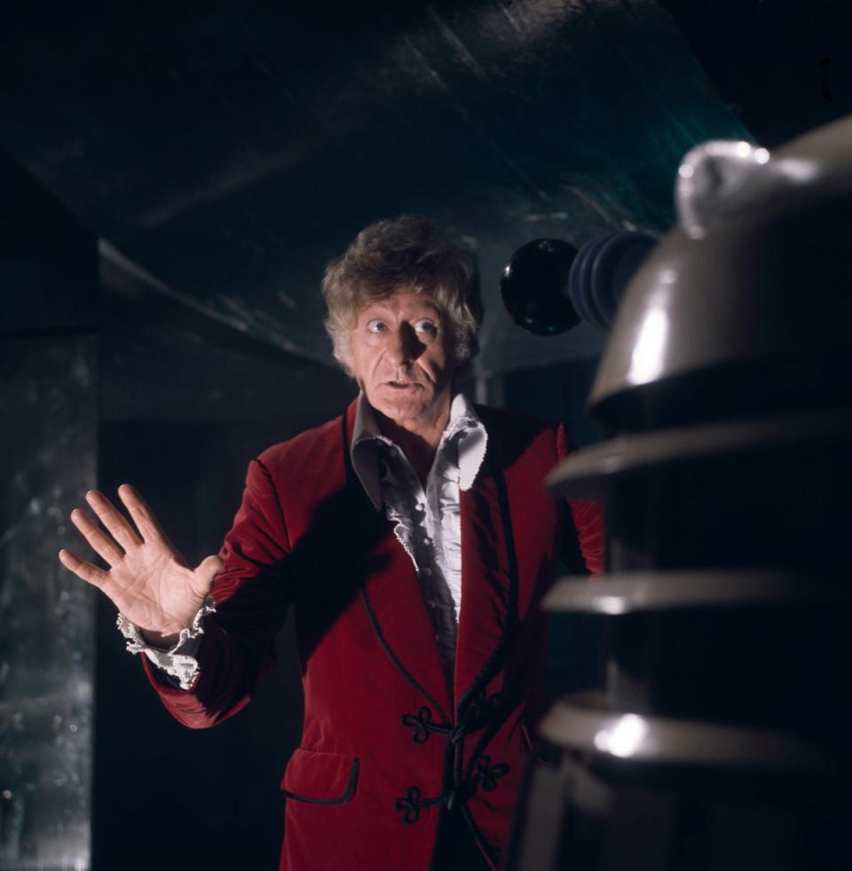 Jon Pertwee’s Doctor confronts a Dalek (BBC)