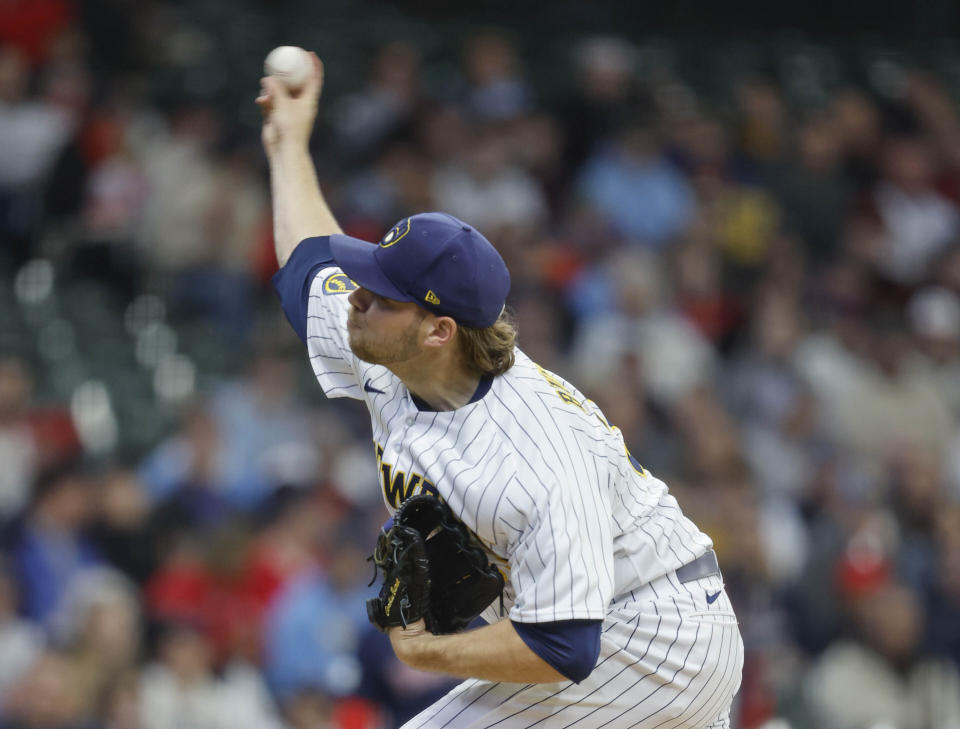 Milwaukee Brewers starting pitcher Corbin Burnes throws against the Boston Red Sox during the first inning of a baseball game Sunday, April 23, 2023, in Milwaukee. (AP Photo/Jeffrey Phelps)