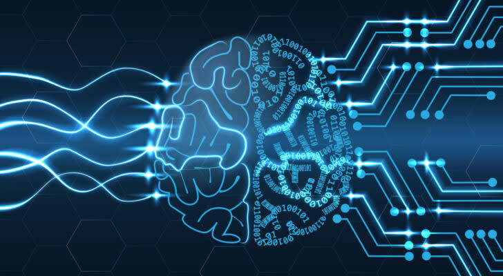 a graphic of the human brain with waves going into the left side and highly digitalized waves coming out the other, signifying the improvement of human knowledge with the help of artificial intelligence