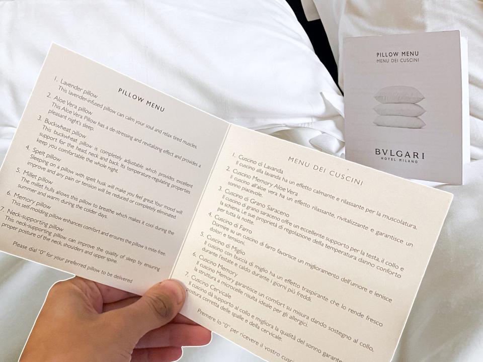 Turndown service with a pillow menu at the Bulgari.