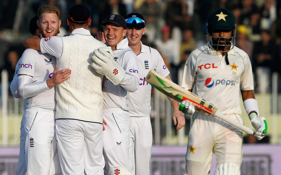 Ben Stokes celebrates wicket of Babar Azam - AAMIR QURESHI/AFP via Getty 