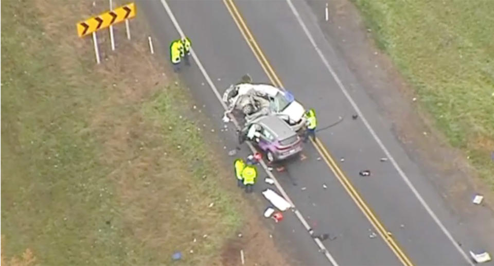 Scene footage shows two vehicles crumpled together in the aftermath of the crash. Source: Newshub.co.nz 