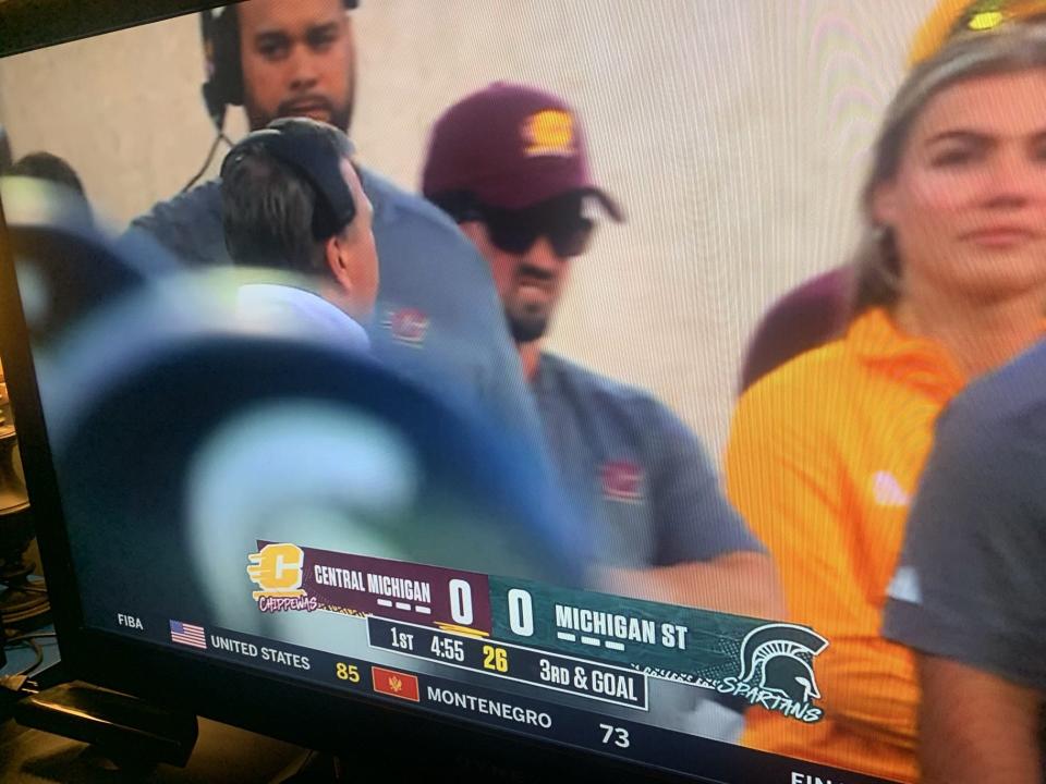 Potential photo of suspended Michigan assistant Connor Stalions on the sidelines in Central Michigan gear as they faced Michigan State on Friday, Sept. 1, 2023 at Spartan Stadium in East Lansing. CMU officials say they are investigating if this is in fact Stalions.