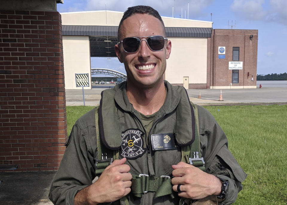 This undated image provided by Amber Sax shows Capt. John Sax, one of five U.S. Marine Corps service members killed when their MV-22B Osprey crashed in California in 2022. Over the last two years, four Osprey crashes have killed a total of 20 service members. On Wednesday, June 12, 2024, the House subcommittee on National Security, the Border and Foreign Affairs will hold an oversight hearing into the Osprey's safety record and Pentagon management of the program. (Amber Sax via AP)