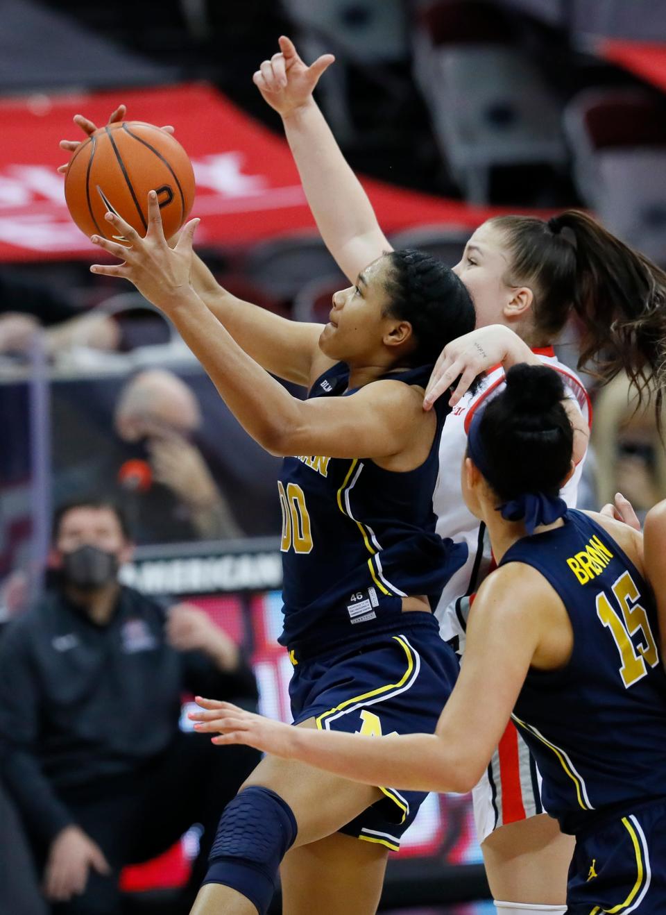 Michigan Wolverines forward Naz Hillmon grabs a rebound against Ohio State Buckeyes forward Rebeka Mikulasikova (23) during the fourth quarter at Value City Arena in Columbus on Thursday, Jan. 21, 2021. Hillmon finished the game with 50 points.