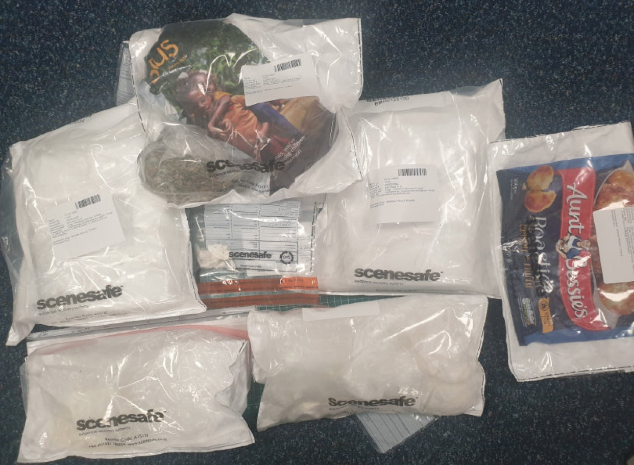Pictures show a bag of Aunt Bessie's roast potatoes in an evidence bag, along with drugs found in a raid. (SWNS)