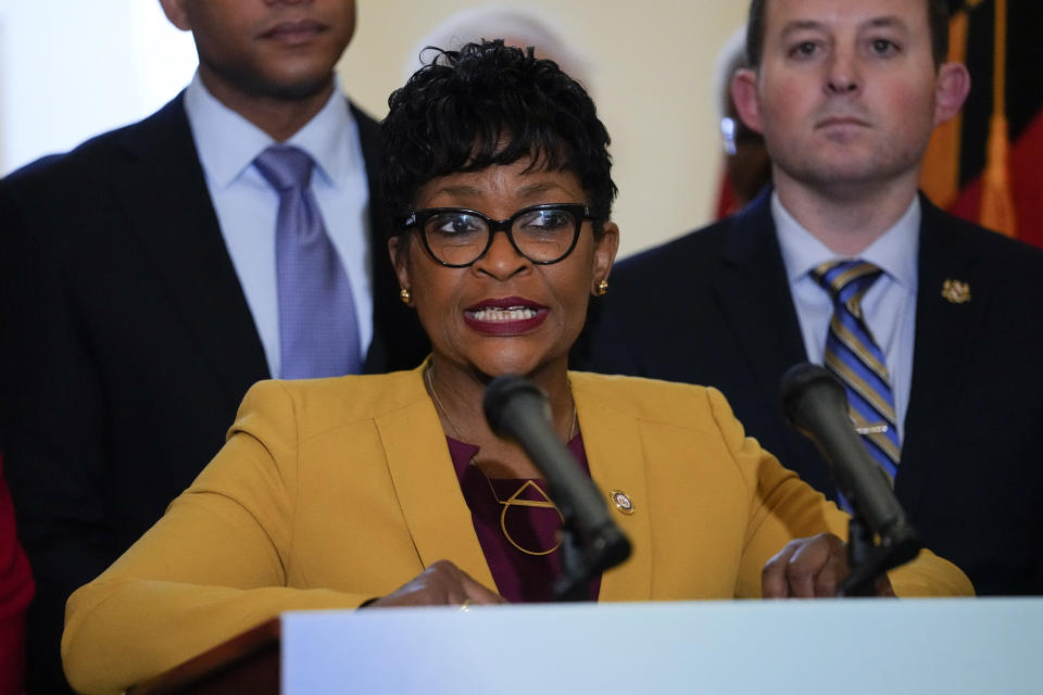 Maryland House Speaker Adrienne Jones speaks during a news conference at the statehouse, Thursday, Feb. 9, 2023, in Annapolis, Md. State lawmakers announced support for measures protecting abortion rights, including a state constitutional amendment that would enshrine it. (AP Photo/Julio Cortez)