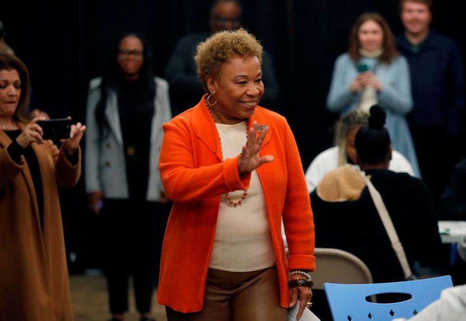 Rep. Barbara Lee, D-Oakland, greets supporters during her Super Tuesday election night gathering in downtown Oakland on Tuesday.
