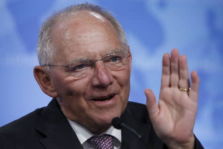 Germany's Finance Minister Wolfgang Schaeuble addresses a news conference at the IMF/World Bank Spring Meetings in Washington April 14, 2016. REUTERS/Jonathan Ernst