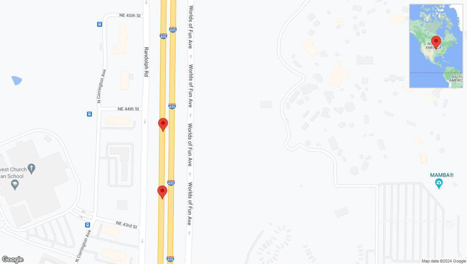 A detailed map that shows the affected road due to 'Broken down vehicle on southbound I-435 in Kansas City' on January 1st at 2:48 p.m.