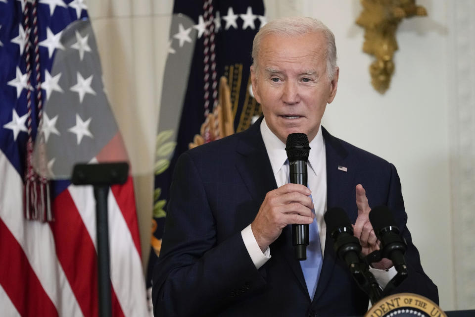 President Joe Biden speaks before a screening of the series "American Born Chinese" in the East Room of the White House in Washington, in celebration of Asian American, Native Hawaiian, and Pacific Islander Heritage Month, Monday, May 8, 2023. (AP Photo/Susan Walsh)