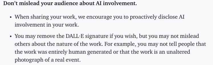 Screenshot of OpenAI policy for not misleading others about AI involvement in images created using DALL·E