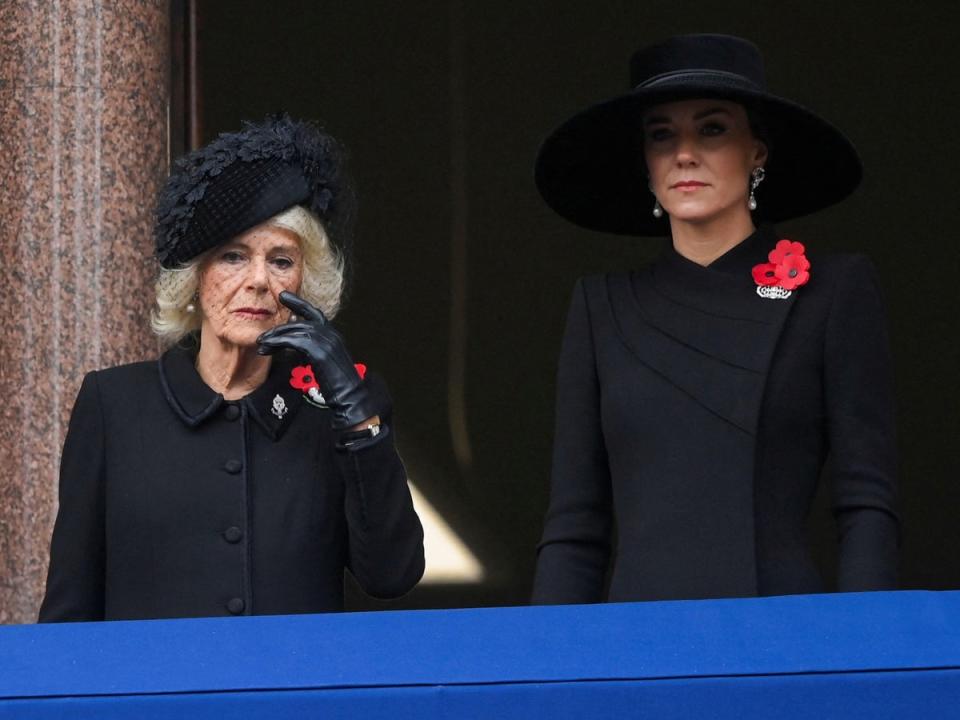 Camilla, Queen Consort, and the Princess of Wales watch the Remembrance Sunday service (Getty)