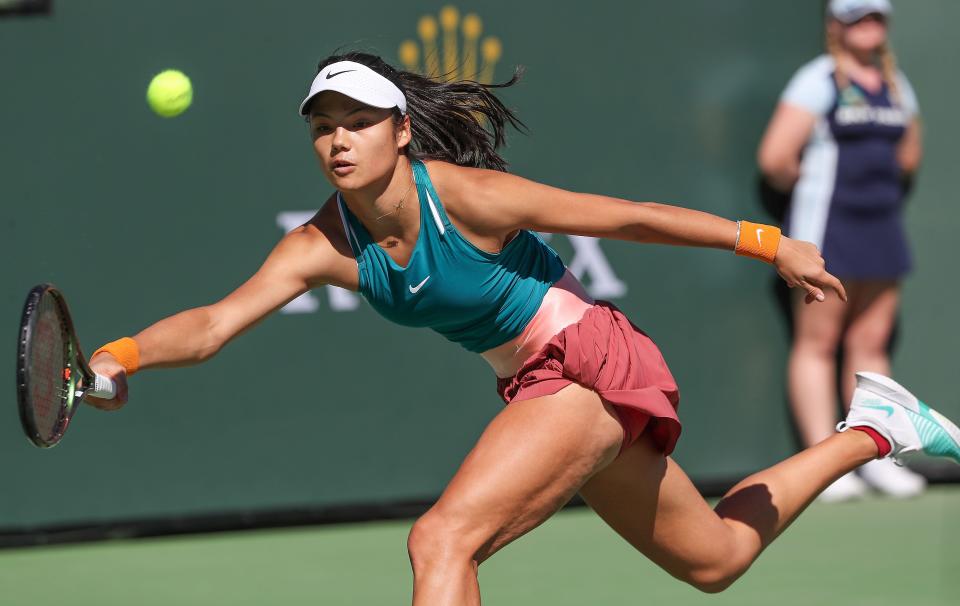 Emma Raducanu runs down a shot during her win over Caroline Garcia during the BNP Paribas Open in Indian Wells, Calif., March 11, 2022.