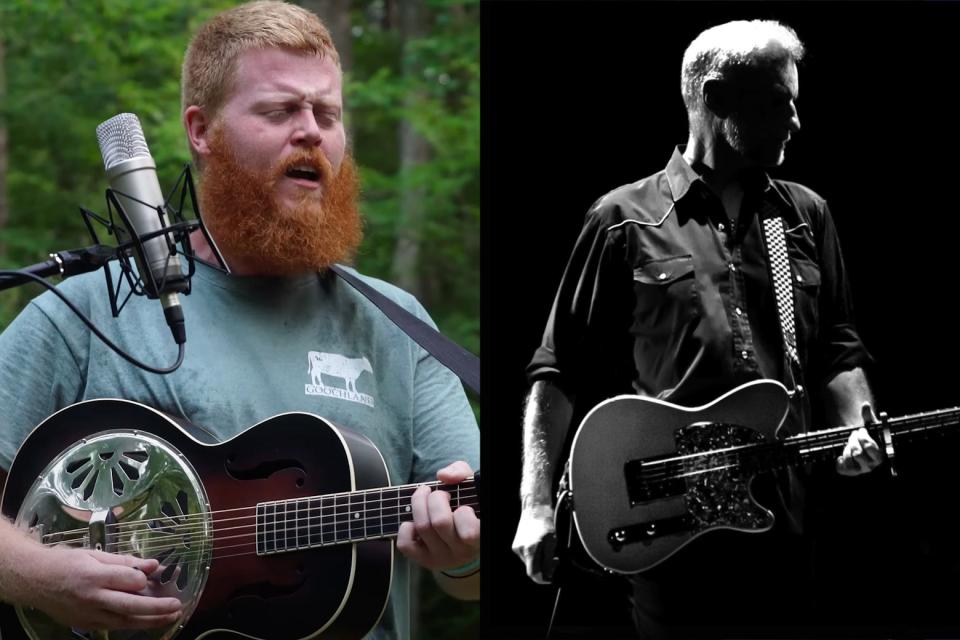 On the left, the now-familiar image of a red head with a resonator guitar singing his song in the woods into a studio microphone. On the right, a silhouetted image of a silver-haired man strapped with an electric guitar.