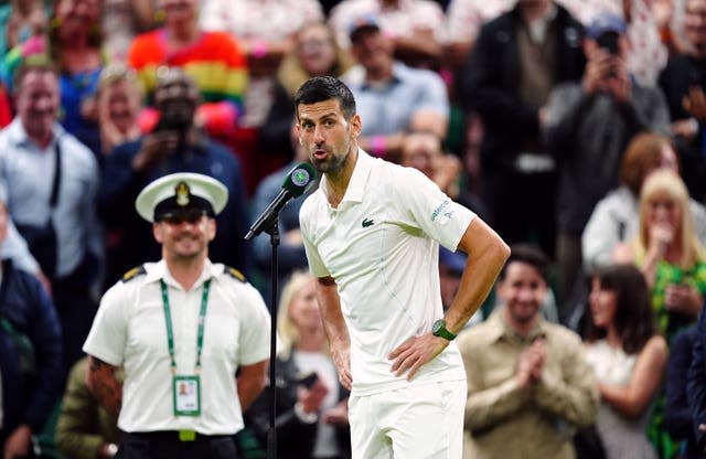 Novak Djokovic talks towards fans on Centre Court 