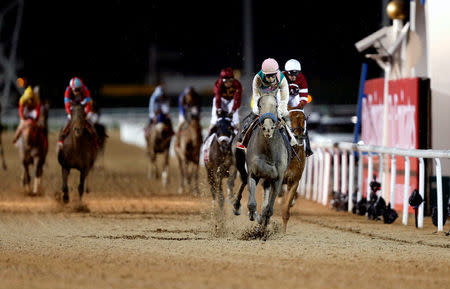 Horse Racing - Dubai World Cup - Meydan Racecourse, Dubai - 25/3/17 - Mike Smith rides Arrogate to the finish line to win the ninth and final race. REUTERS/Ahmed Jadallah