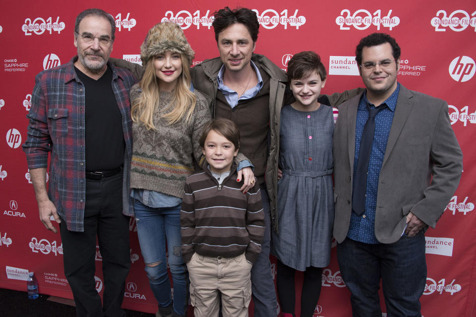 Actor Mandy Patinkin, Actress Kate Hudson, Actor Pierce Gagnon (front), Director/Co-Writer Zach Braff, Actress Joey King and Actor Josh Gad pose at the premiere of the film "Wish I Was Here" during the 2014 Sundance Film Festival, on Saturday, Jan. 18, 2014 in Park City, Utah. (Photo by Arthur Mola/Invision/AP)