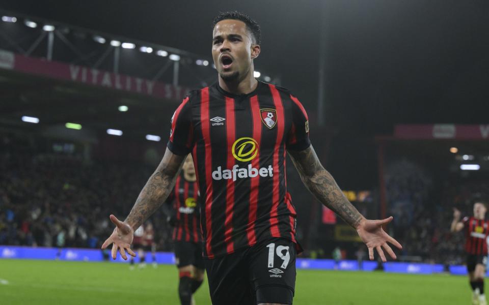 Bournemouth's Justin Kluivert celebrates scoring the opening goal during the Premier League match between AFC Bournemouth and Crystal Palace at Vitality Stadium on April 2, 2024 in Bournemouth, England.(Photo by David Horton - CameraSport via Getty