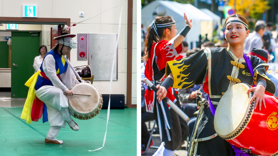 Nongak (left) versus Eisa. (Photo: Lim Yian Lu, Gettyimages)