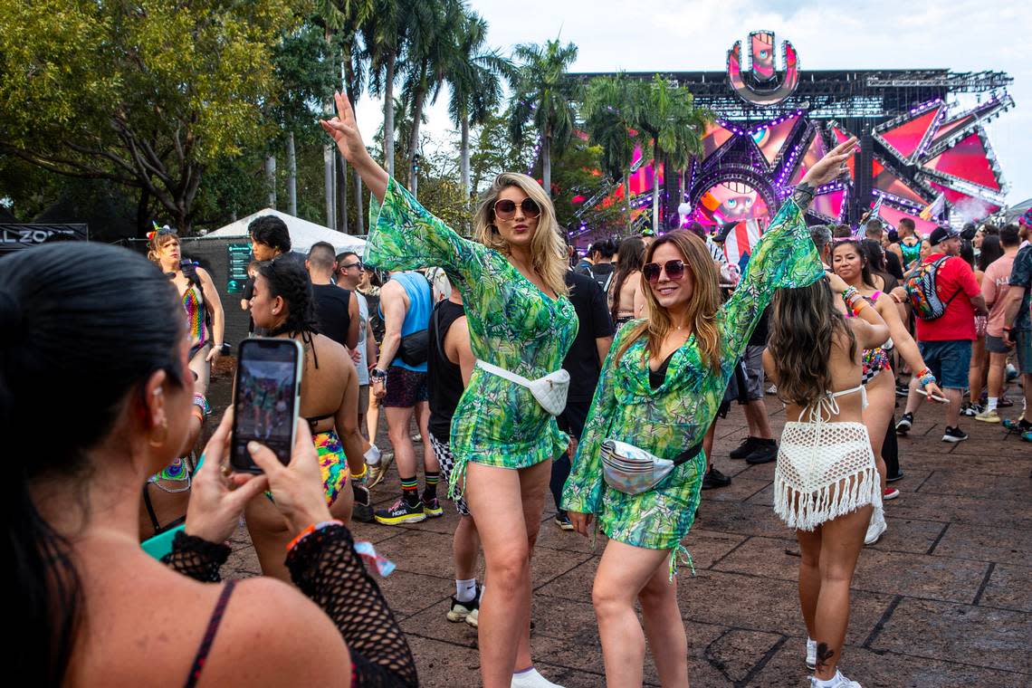 Two women strike poses for a photo during Day 2 of Ultra 2024 at Bayfront Park in Downtown Miami on Saturday, March 23, 2024.