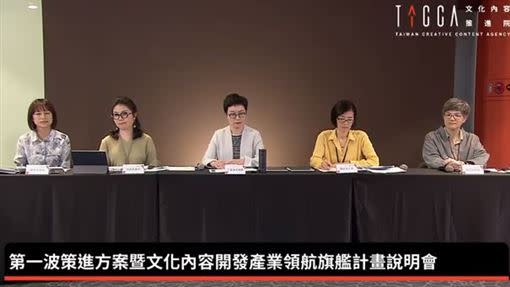 文策院第一波產業振興方案27日舉辦記者會，由文化內容策進院丁曉菁董事長（下）主講。（圖／翻攝自影片截圖、文策院提供）