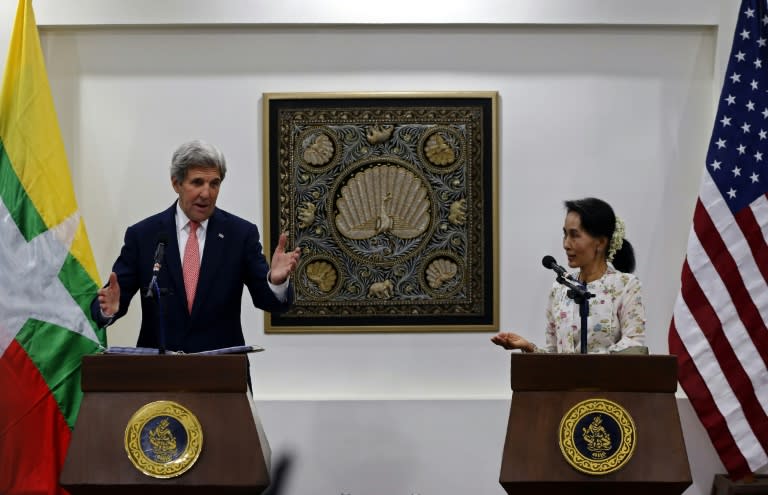 The meeting on May 22, 2016 between Myanmar Foreign Minister Aung San Suu Kyi (R) and US Secretary of State John Kerry is Washington's first high level talks with the new civilian government after decades of army rule