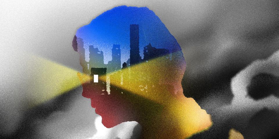 Illustration of a figure in profile filled with a vibrantly colored city and light beams emanating from a window, surrounded by grey smoke