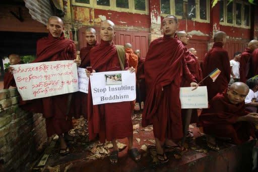 Myanmar Buddhist monks stage a demonstration near the Bangladesh embassy, in Yangon. Hundreds of Myanmar monks took to the streets again Tuesday to protest against local Muslims and against violence targeting Buddhists in neighbouring Bangladesh