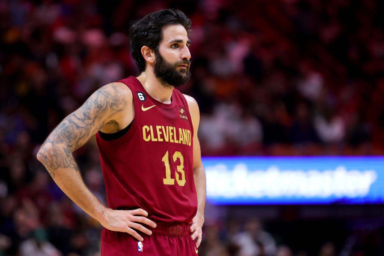 MIAMI, FLORIDA - MARCH 08: Ricky Rubio #13 of the Cleveland Cavaliers looks on against the Miami Heat during the fourth quarter at Miami-Dade Arena on March 08, 2023 in Miami, Florida. NOTE TO USER: User expressly acknowledges and agrees that, by downloading and or using this photograph, User is consenting to the terms and conditions of the Getty Images License Agreement. (Photo by Megan Briggs/Getty Images)