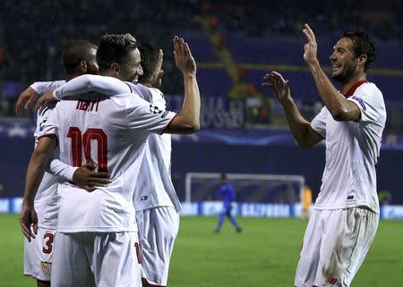 Football Soccer - Dinamo Zagreb v Sevilla FC - UEFA Champions League Group Stage - Group H - Maksimir stadium - Zagreb, Croatia - 18/10/16. Sevilla's Samir Nasri celebrates with his teammates after scoring a goal. REUTERS/Antonio Bronic