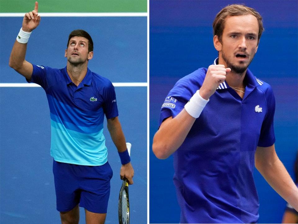 Novak Djokovic, left, faces, Daniil Medvedev, right in the 2021 U.S. Open men's singles final.