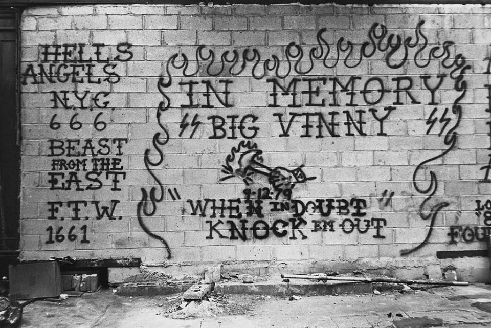 Graffiti on East Third Street near the headquarters of the Manhattan chapter of the Hell’s Angels MC, 1981, NYC. (Credit: Barbara Alper via Getty Images)