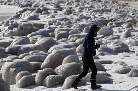 A woman walks past frozen mounds of ice along Lake Michigan in Chicago, Illinois, February 19, 2015. REUTERS/Jim Young