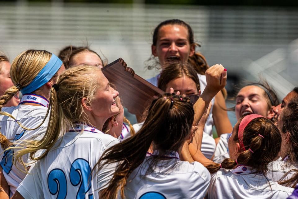 Tolton celebrates victory of the Class 1 girls championship soccer match on Saturday, June 3, 2023, at Soccer Park in St. Louis County, Mo.  Tolton defeated Villa 1-0.