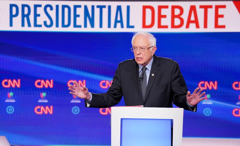 Democratic U.S. presidential candidate Senator Bernie Sanders speaks at the 11th Democratic candidates debate of the 2020 U.S. presidential campaign in Washington