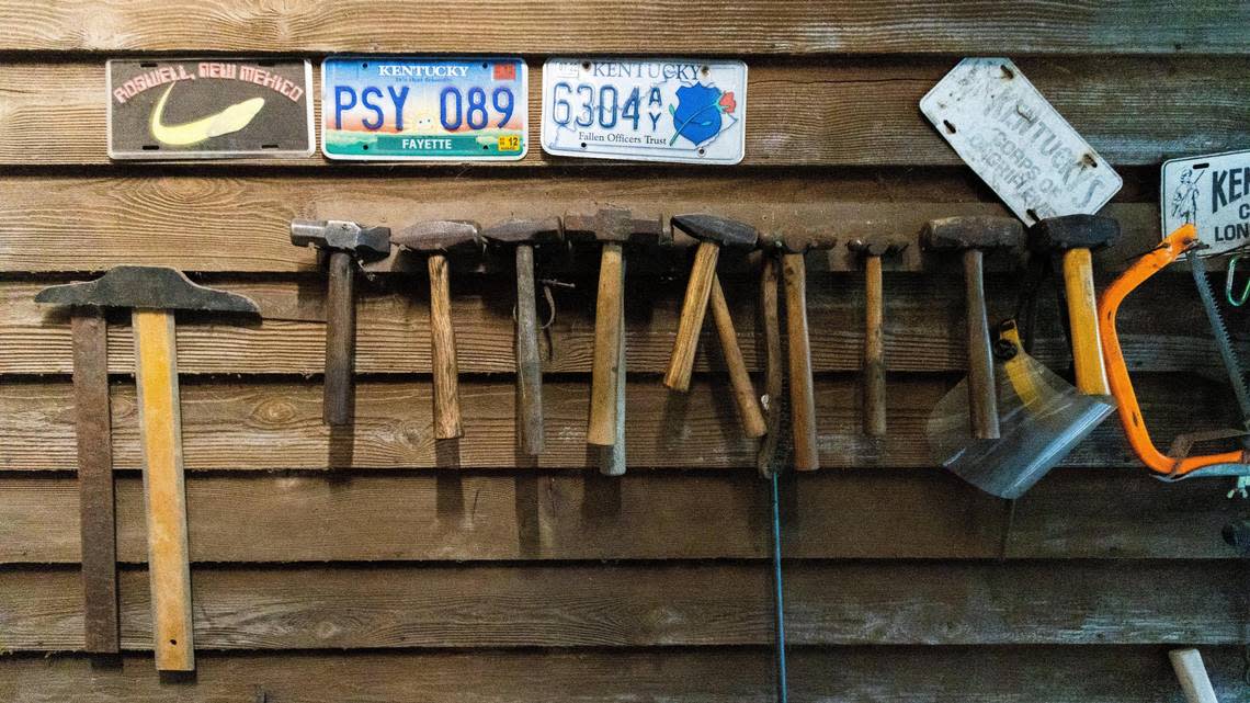 Several hammers and tools used by Steve Auvenshine of Bourbon County, who specializes in custom hand crafted knives.