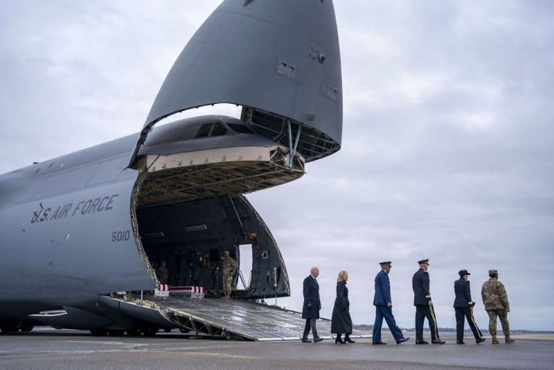 President Joe Biden and others, including members Congress, attended a dignified transfer at Dover Air Force Base in Dover, Del., on Friday. Photo by Bonnie Cash/UPI