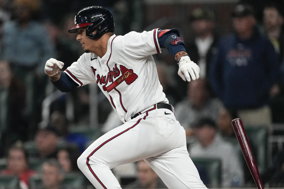 Atlanta Braves' Vaughn Grissom runs to first base after hitting an RBI single during the eighth inning of the team's baseball game against the Miami Marlins on Wednesday, April 26, 2023, in Atlanta. (AP Photo/John Bazemore)