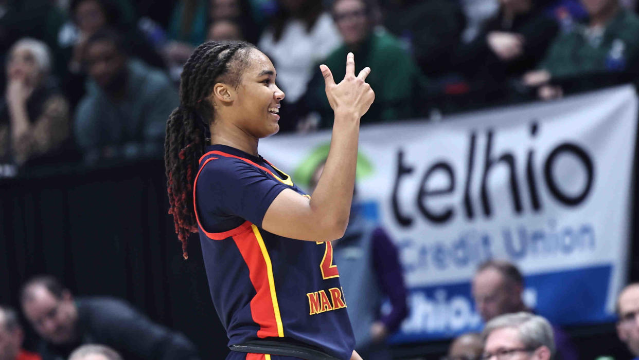 Purcell Marian's Dee Alexander reacts during their win over Laurel School in the Division II Ohio state championship game Saturday, March 16, 2024.