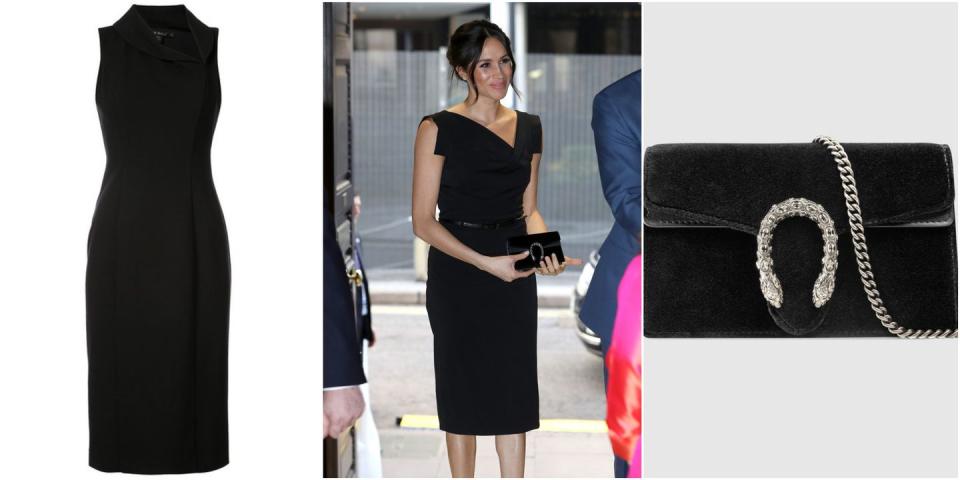 <p>For a night at the Commonweath women's empowerment reception, the 36-year-old wore a £266 ‘Jackie O’ dress from <a rel="nofollow noopener" href="https://www.farfetch.com/uk/shopping/women/black-halo-jackie-o-dress-item-12653496.aspx?storeid=9423&size=21&pid=googleadwords_int&af_channel=Search&c=629762120&af_c_id=629762120&af_siteid=&af_keywords=pla-381862307486&af_adset_id=51529112772&af_ad_id=217936171101&is_retargeting=true&gclid=EAIaIQobChMIxvzalrDI2gIVREAbCh1-7gCkEAQYASABEgLeJPD_BwE" target="_blank" data-ylk="slk:Black Halo;elm:context_link;itc:0;sec:content-canvas" class="link ">Black Halo</a>, inspired by the former First Lady, teamed with a pair of £895 18ct white gold and diamond earrings from one of her favourite Canadian jewellery brands, <a rel="nofollow noopener" href="https://www.maisonbirks.com/" target="_blank" data-ylk="slk:Birks;elm:context_link;itc:0;sec:content-canvas" class="link ">Birks</a>.</p><p>The fitted LBD featured an asymmetrical neckline and was cinched at the waist with a leather belt and was accessorised with a Gucci black velvet mini <a rel="nofollow noopener" href="https://www.gucci.com/uk/en_gb/pr/women/handbags/womens-mini-bags/dionysus-velvet-super-mini-bag-p-476432K4DNN8176?utm_source=Linkshare_UK&utm_medium=affiliates&utm_campaign=110002525229315319332345300670&utm_content=15&utm_term=gcdL%2FATRVoE&siteID=gcdL_ATRVoE-vSMf0ki8G6slGDDnkY5xaA&PublisherSID=2523611&PubName=Lyst" target="_blank" data-ylk="slk:Dionysus bag;elm:context_link;itc:0;sec:content-canvas" class="link ">Dionysus bag</a>.</p>