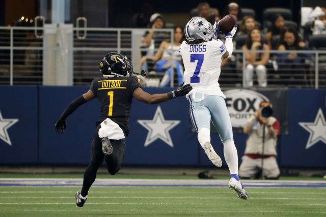 September 19, 2021 Dallas Cowboys corner back Trevon Diggs (7) celebrates  after intercepting a pass during the NFL football game between the Los  Angeles Chargers and the Dallas Cowboys at SoFi Stadium