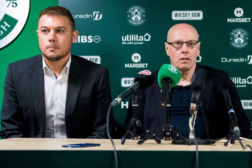 Hibernian CEO Ben Kensell alongside director of football Brian McDermott