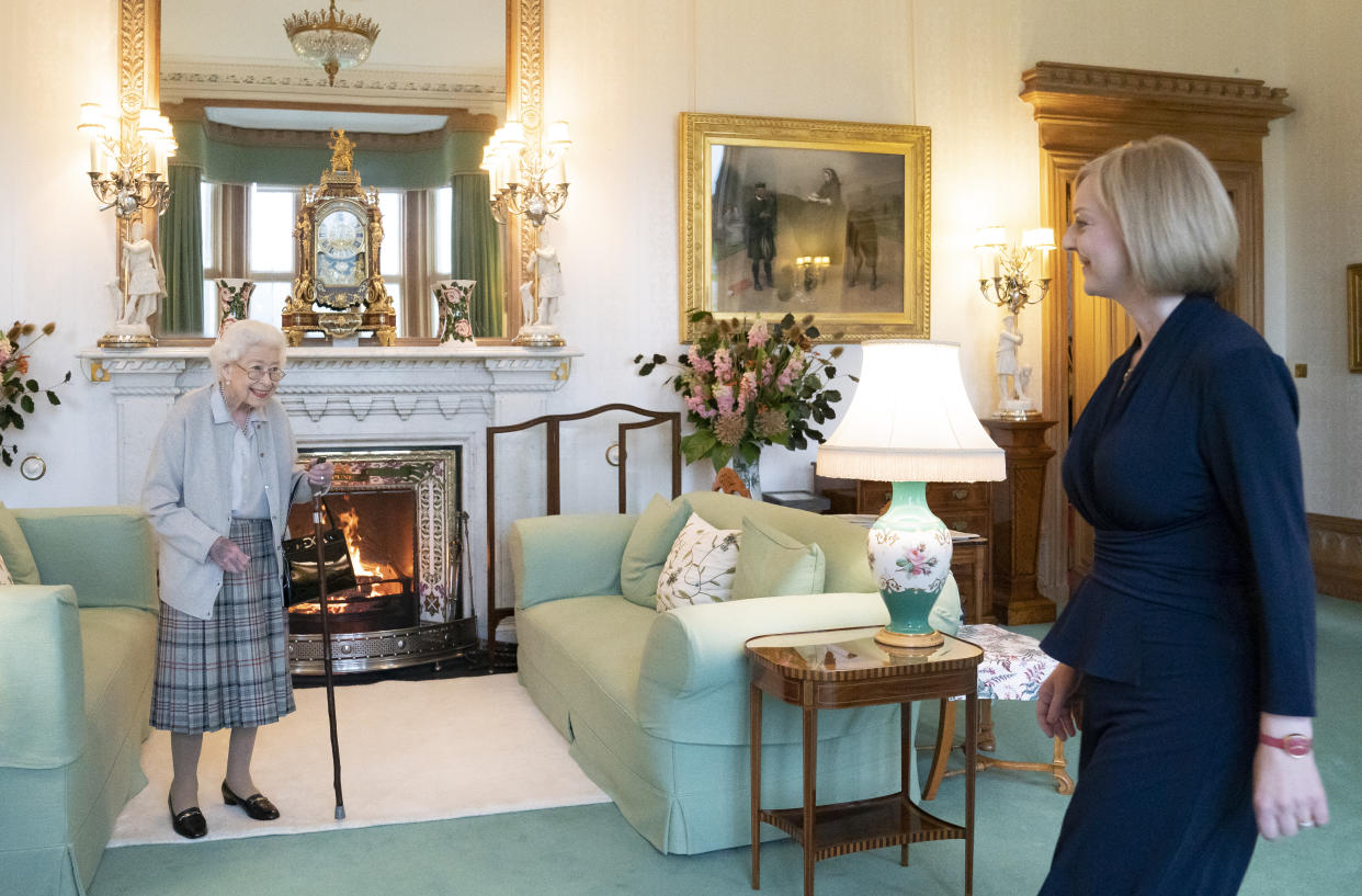 Queen Elizabeth II welcomes Liz Truss during an audience at Balmoral, Scotland, where she invited the newly elected leader of the Conservative party to become Prime Minister and form a new government. Picture date: Tuesday September 6, 2022.