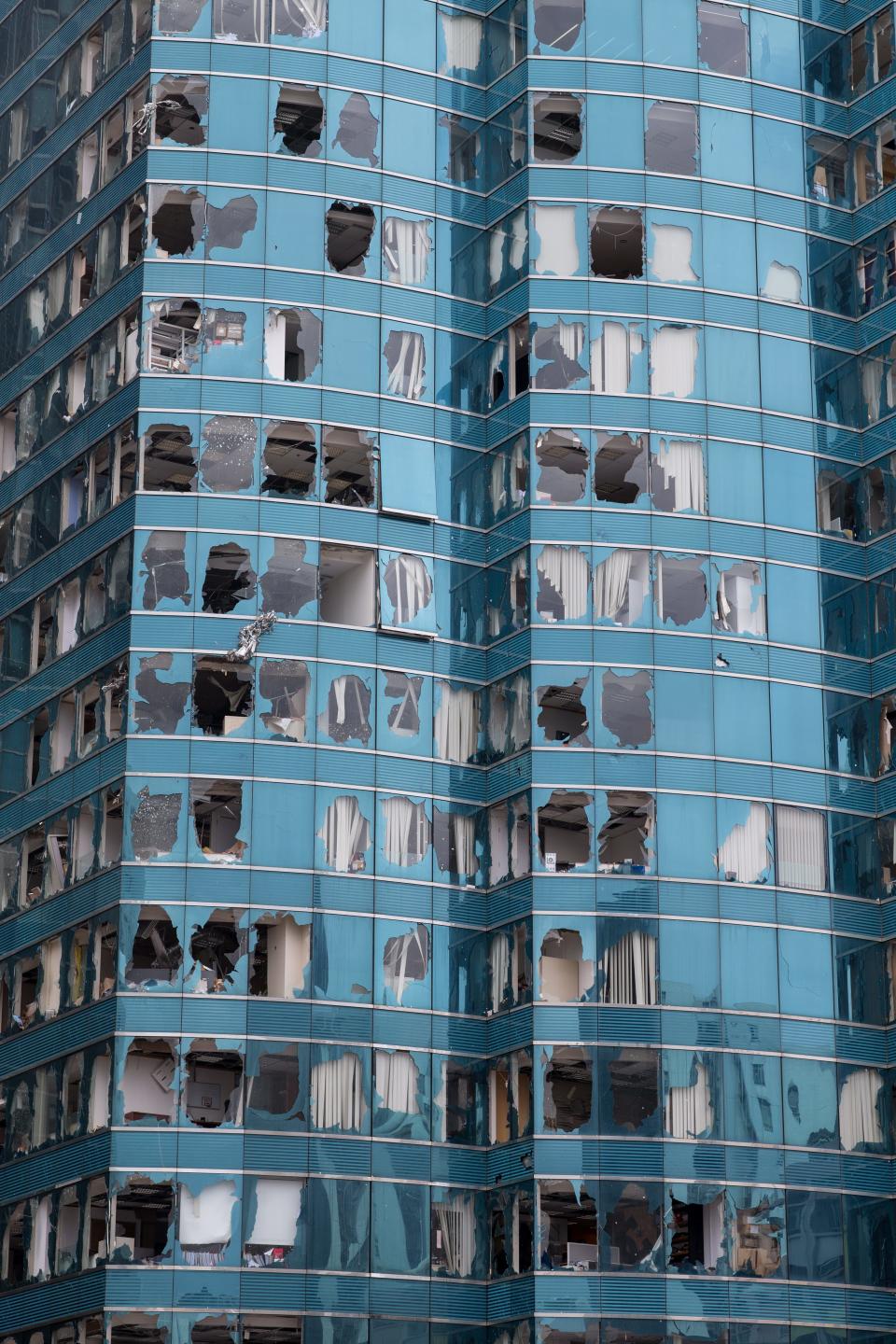 <p>Office towers damaged by Typhoon Mangkhut in Hung Hom district, Hong Kong, China, on Sept. 17, 2018.<br>Typhoon Mangkhut was one of the most severe storms to hit Hong Kong in recent decades. According to the Hong Kong Observatory, the super typhoon is officially Hong Kong’s most intense storm since records began as it hit the autonomous territory with sustained winds reaching up to 250km/h.<br>(Photo by Jerome Favre, EPA) </p>