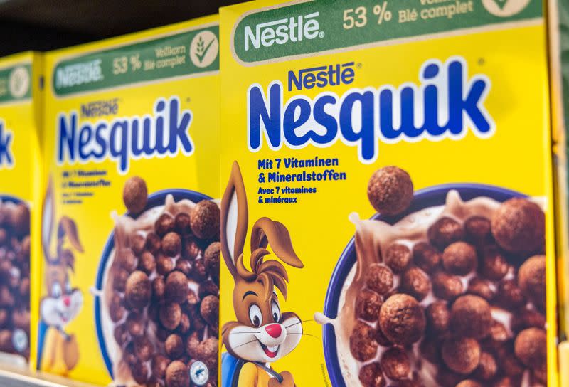 Boxes of Nesquick cereals, part of food giant Nestle's portfolio, are seen at the company's headquarters in Vevey