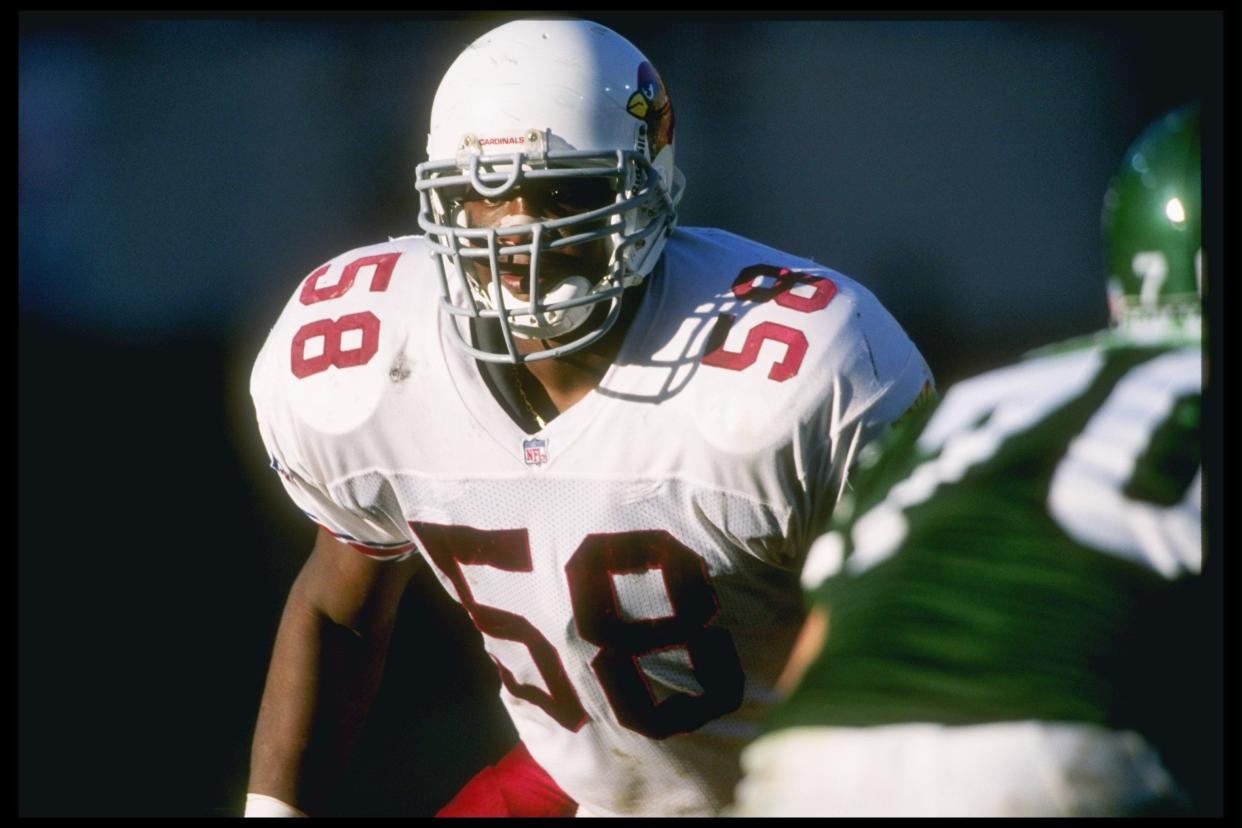 27 Oct 1996:  Linebacker Eric Hill of the Arizona Cardinals looks on during a game against the New York Jets at Sun Devil Stadium in Tempe, Arizona.  The Jets won the game, 31-21.